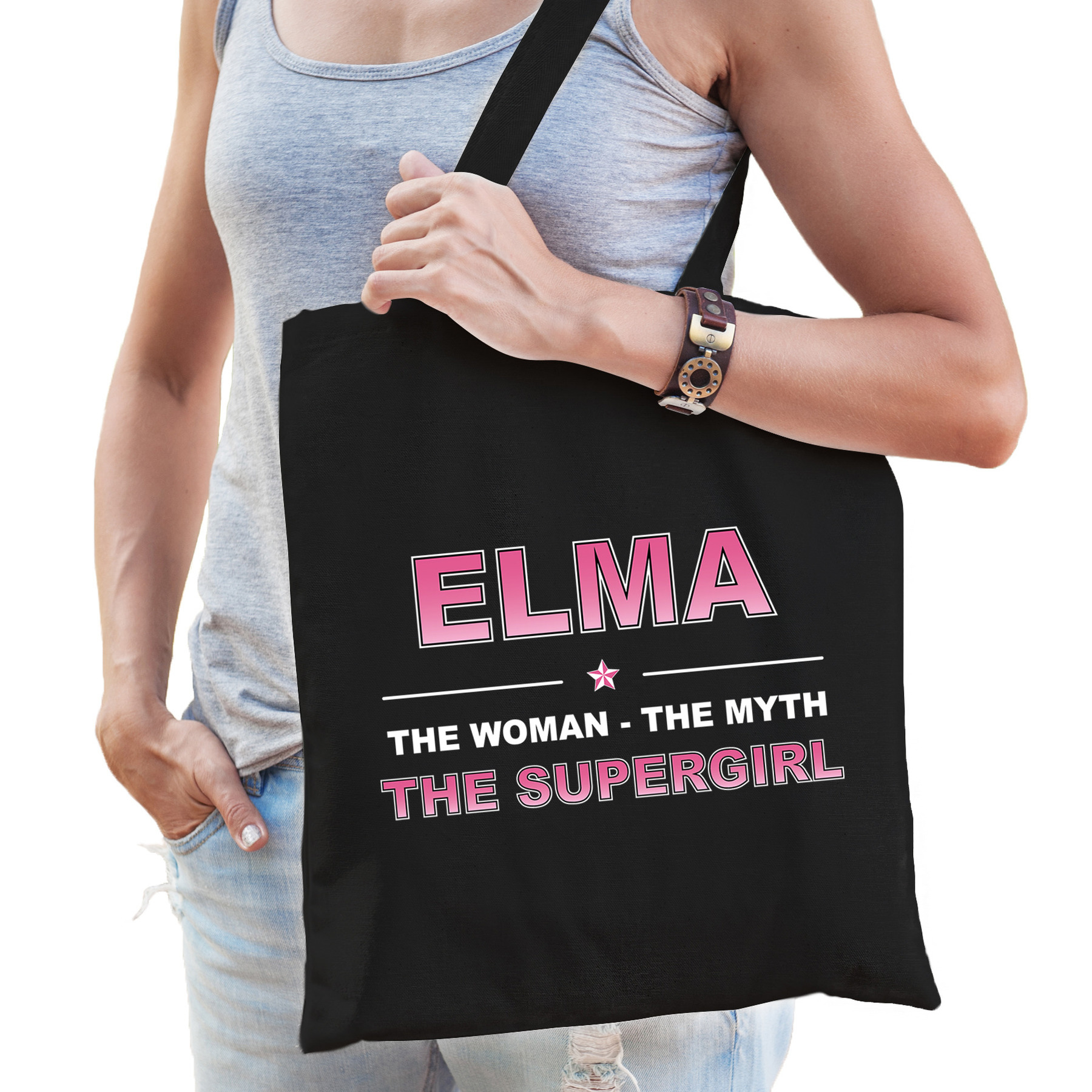 Naam cadeau tas Elma - the supergirl zwart voor dames