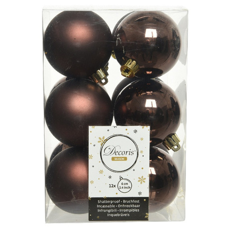 12x Dark brown Christmas baubles 6 cm plastic matte/shiny