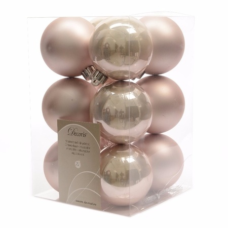 12x Lichtroze kerstballen 6 cm glanzende/matte kunststof/plastic kerstversiering