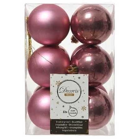 12x Oud roze kerstballen 6 cm glanzende/matte kunststof/plastic kerstversiering
