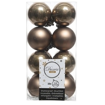 16x Kasjmier bruin kerstballen 4 cm glanzende/matte kunststof/plastic kerstversiering