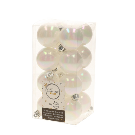 16x Parelmoer witte kerstballen 4 cm glanzende/matte kunststof/plastic kerstversiering