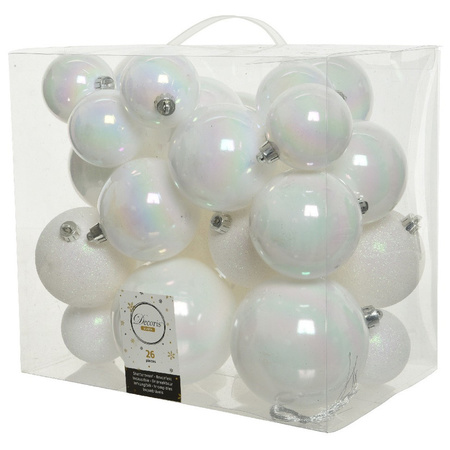 26x Pearl white Christmas baubles 6-8-10 cm plastic