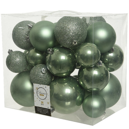 26x Sage green Christmas baubles 6-8-10 cm plast