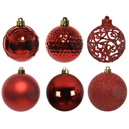 37x Kerst rode kerstballen 6 cm glanzende/matte/glitter kunststof/plastic kerstversiering