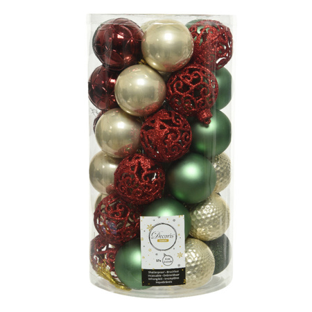 37x Plastic christmas baubles pearl/dark red/dark green/ sage 6 cm mix