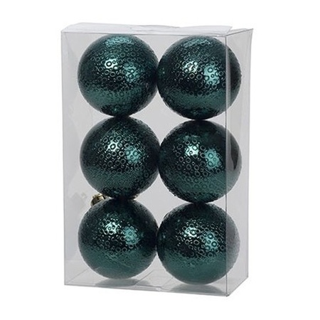 6x Petrol blauwe kerstballen 6 cm cirkel motief kunststof/plastic kerstversiering
