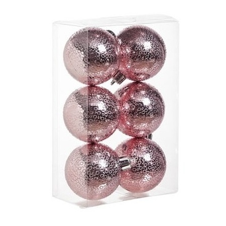 6x Roze kerstballen 6 cm cirkel motief kunststof/plastic kerstversiering