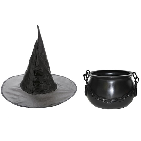Carnavalskleding heksen accessoires heksenhoed en heksenketel 24 cm voor meisjes/kinderen