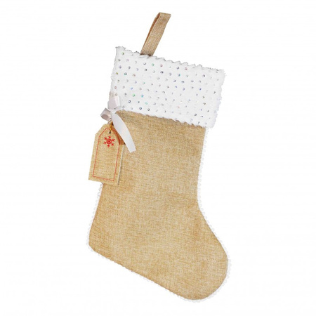 Jute christmas stockings with white board and sequins 45 cm